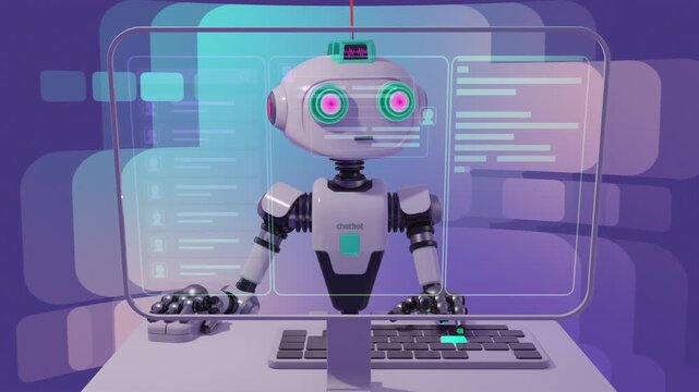 3d animation of artificial intelligence chatbot operating a transparent HUD screen. Cybernetic robot interacting with automated user interface, messaging system, and cloud telemetry analytics.