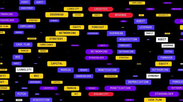 Corporate business keywords motion background, financial strategy and economic terminology animation, colorful floating text labels on black