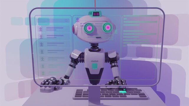3d animation of artificial intelligence chatbot operating a transparent HUD screen. Cybernetic robot interacting with automated user interface, messaging system, and cloud telemetry analytics.
