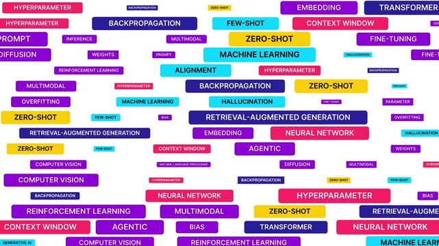 Artificial intelligence word cloud background, machine learning and neural network terminology, colorful data science concept for technology presentations