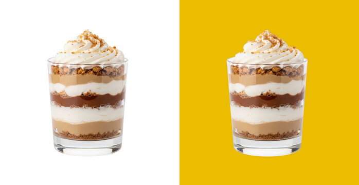 Delicious layered chocolate and vanilla mousse dessert in a glass cup with whipped cream topping and crunchy nuts sprinkle