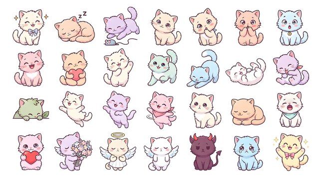 Cats in various chibi poses express different emotional states and playful character traits.