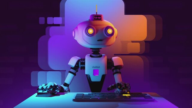 3d animation loop of a futuristic artificial intelligence chatbot working at a workstation. Cybernetic robot typing on keyboard against UI message bubbles, representing automated support systems.