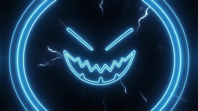 Cinematic 3D scene of a grinning evil face with animated electric blue neon lines on a dark 