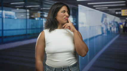 Fototapeta premium Woman touching finger to lips in airport terminal wearing white sleeveless top and jeans, standing by glass partition; thoughtful curiosity.