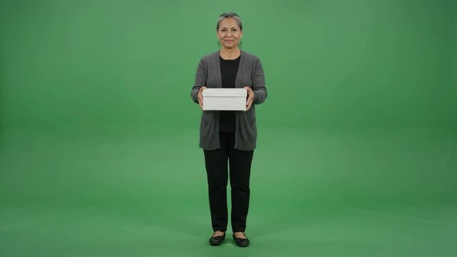 Full shot of a smiling woman holding a white box on a green screen background.