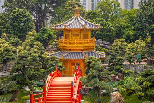 Golden Pavilion Surrounded by Greenery in Nan Lian Garden in Hong Kong