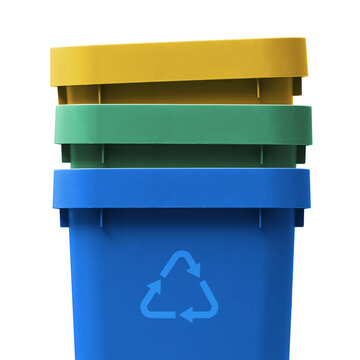 Stacked Colorful Recycling Bins in Blue Green and Yellow for Waste Sorting Concept
