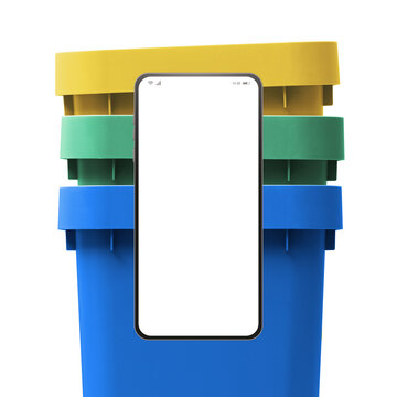 Smartphone with Blank Screen Mockup Over Stacked Colorful Recycling Bins for Digital Waste Management App Concept