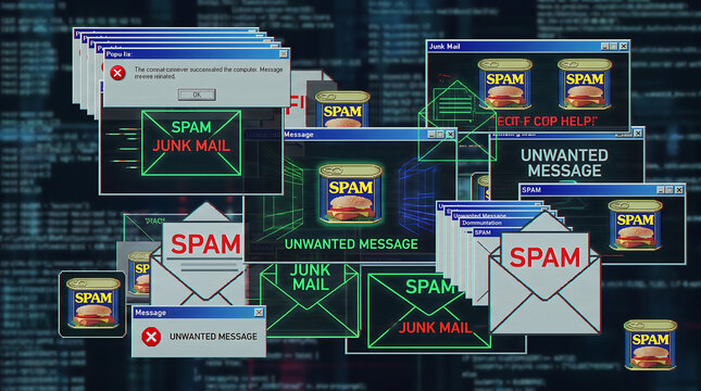 Spamming themed overlay design with multiple unwanted junk mail popups, envelope icons, and security alerts on a digital network screen background
