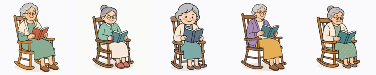 Set of vector illustrations of a grandmother reading a book in a rocking chair.