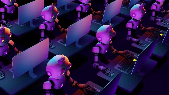 Seamless 3d animation loop of an array of futuristic artificial intelligence operators. Endless grid of cybernetic androids working at computer terminals in a massive automated data processing center.