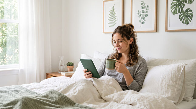 Young woman reading e-book on tablet reader in bed. Female relaxing with hot drink while reading an electronic book in cozy room. Mental health recovery, Personal growth. Hobby, Leisure time alone