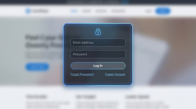 Website Login Form Overlay with Email and Password Fields on a Blurred Background for Secure User Access and Account Management