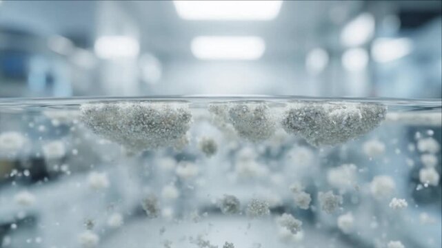 Cinematic skincare serum laboratory background with white collagen cluster clear water macro shot liquid droplet dissolve blur light modern clean concept water splash droplet purity clarity