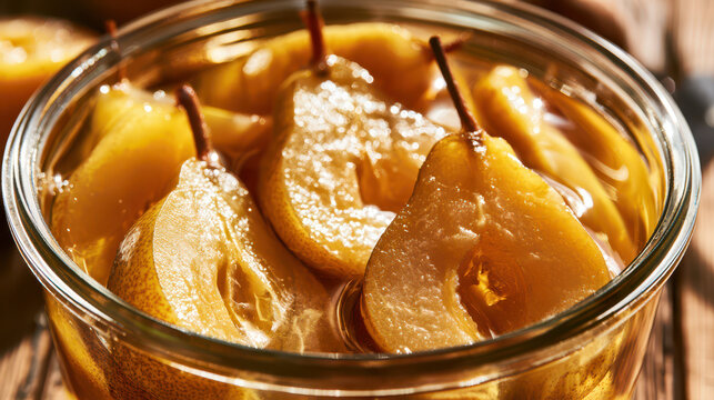 Homemade canned preserves and pickled vegetables in jars. Glass jar filled with preserved pear slices in syrup on wooden table, close-up view of home canning process
