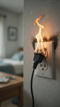 Electrical outlet short circuit fire hazard catching flame on residential wall with electrical shortcircuit electricity emergency malfunction incident defective residential accident overload