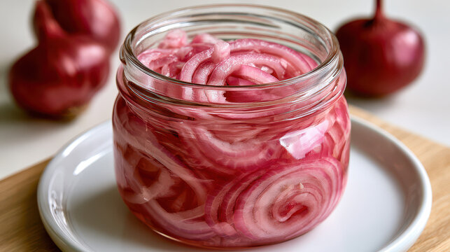 Homemade canned preserves and pickled vegetables in jars. Jar of pickled red onions with spiral slices, surrounded by whole red onions on a wooden cutting board