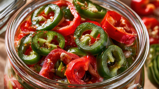Homemade canned preserves and pickled vegetables in jars. Colorful home canning jar filled with sliced red and green peppers, showcasing vibrant vegetables in brine