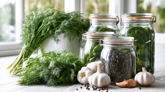 Homemade canned preserves and pickled vegetables in jars. Glass jars filled with pickled vegetables and spices on wooden table with fresh herbs in bright kitchen setting