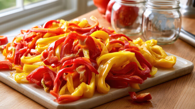 Homemade canned preserves and pickled vegetables in jars. Colorful sliced red and yellow bell peppers on a wooden cutting board with canning jars in a bright kitchen setting