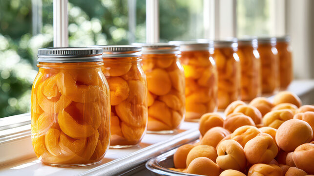 Homemade canned preserves and pickled vegetables in jars. Home canning jars filled with preserved apricots lined on a windowsill with fresh apricots in foreground