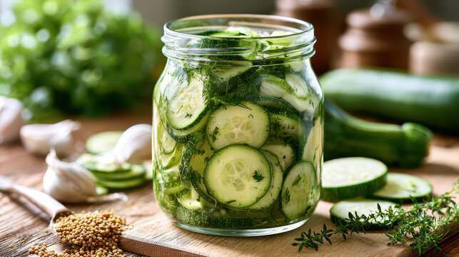 Homemade canned preserves and pickled vegetables in jars. Glass jar filled with sliced cucumbers and herbs on wooden table with fresh vegetables and spices nearby