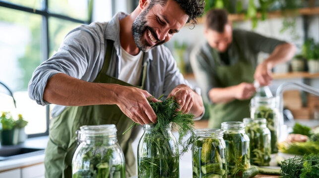 Homemade canned preserves and pickled vegetables in jars. Man in green apron prepares jars of pickles with fresh dill in bright kitchen with plants and vegetables