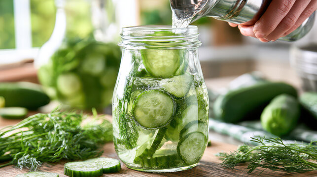 Homemade canned preserves and pickled vegetables in jars. Home canning process with fresh cucumbers and dill in glass jar on wooden table, preserving vegetables for storage