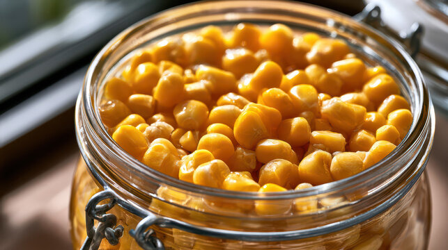 Homemade canned preserves and pickled vegetables in jars. Glass jar filled with bright yellow canned corn kernels on wooden surface near window with natural light