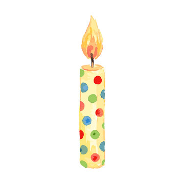 Watercolor style polka dot birthday cake candle with burning flame isolated