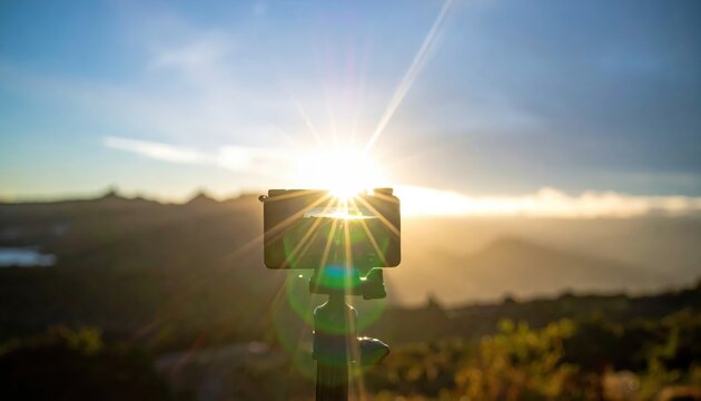 Camera on tripod captures vibrant sunrise over misty mountain landscape, lens flare