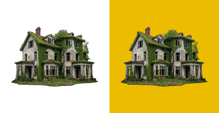 Old abandoned house covered in green ivy plants with broken windows and weathered walls in a vintage pixel art style design