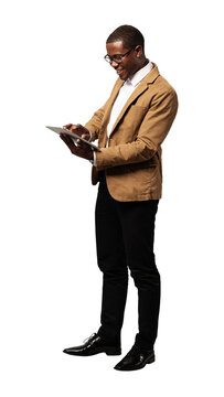 PNG Businessman using digital tablet on transparent background