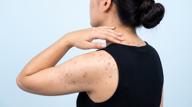 Young woman with acne rash and red spots on shoulder and upper back showing a skin condition or allergy