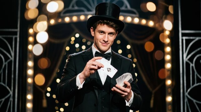 Young magician in a tuxedo and top hat performs a card trick with a deck of cards