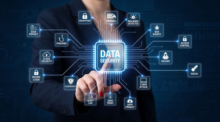 Fototapeta premium Businesswoman pointing at glowing data security virtual interface with cybersecurity icons, symbolizing digital protection and privacy network
