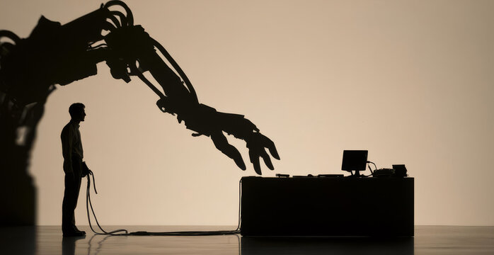 Silhouette of a man facing a giant robotic arm at a desk