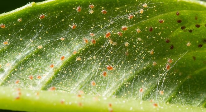 spider mite colony on plant leaf with fine silk threads