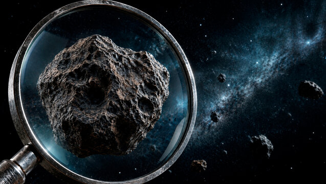 Asteroid viewed through magnifying glass in space. Meteorite study and scientific research concept. Cosmic exploration, astronomy and galaxy observation. Discovery of celestial body.