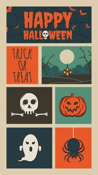 Halloween Collage Grid Animation. Vertical seamless looping animation with a grid collage of pumpkins, ghosts, skulls, spiders, and spooky scenes with "HAPPY HALLOWEEN" text. Perfect for reels.