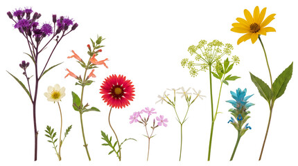 Fototapeta premium Wildflower collection with colorful meadow blossoms, variety of botanical garden flowers, vibrant floral stems for summer design projects isolated PNG with Transparent Background