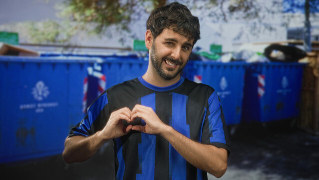 Man in a blue and black football t shirt making a heart shape with his hands on a street beside large blue dumpsters and trash bins; affection support.