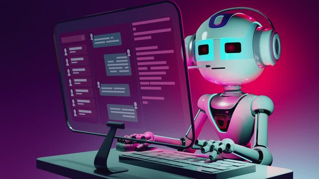 Seamless 3d loop of a futuristic artificial intelligence operator with headset. Cybernetic robot working at transparent HUD screen workstation, operating automated customer support interface.