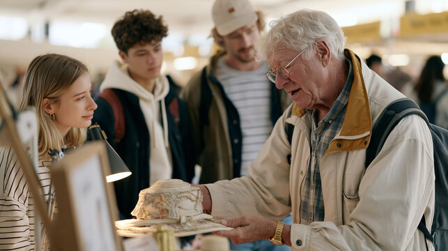 A milliner adjusting an elaborate hat display inside a crowded artisan market hall, nearby students from a campus wellness fair watching intently, the group dynamic capturing