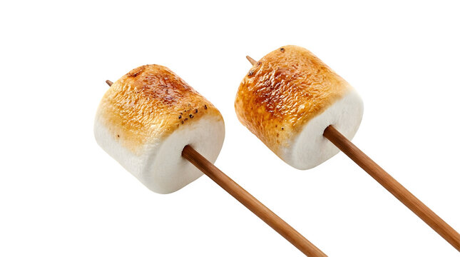 Two golden toasted marshmallows on wooden sticks prepared for campfire snacking presented on transparent background