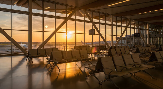 Modern Airport Terminal with Minimalist Design and Expansive Windows Showcasing Sunset Over the Horizon with Empty Seating Area and Waiting Space for Travelers