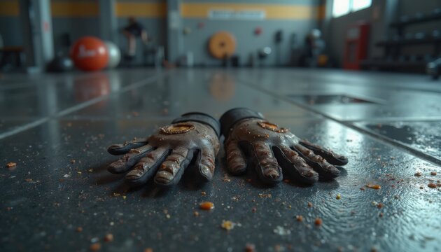 Gym gloves on floor after workout session in fitness center with exercise equipment in background. Used gym gloves signify intense workout and determination during training routine.
