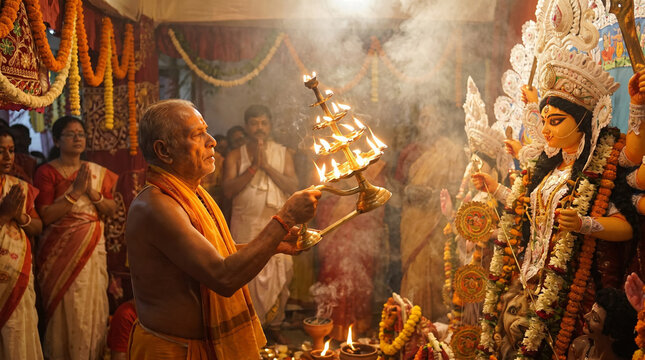 Hindu priest performing evening aarti before Goddess Durga during Durga Puja