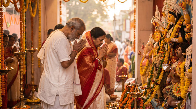 Elderly Bengali couple offering prayers before Goddess Durga during Durga Puja